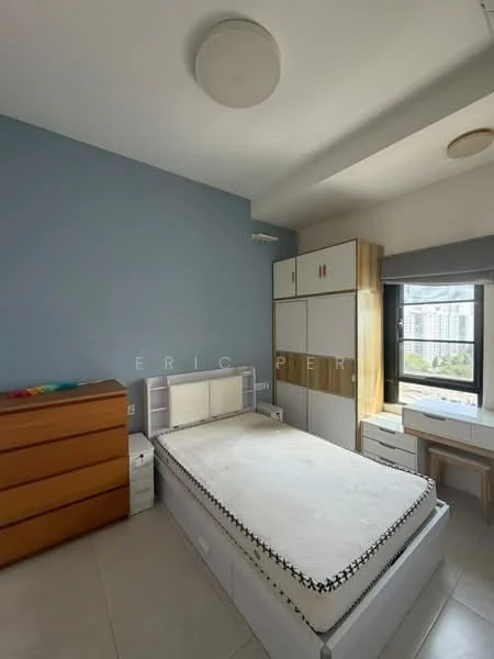 Bedroom features: single bed, upholstered headboard, wooden dresser, built-in wardrobe with wood and white finish, study desk, window with city view, light-colored tile flooring, recessed ceiling light; style: modern; view: city.