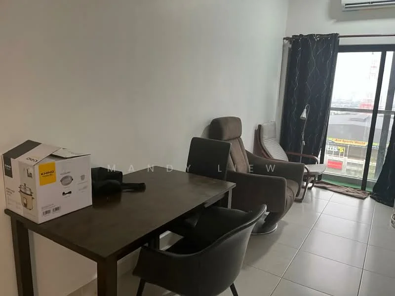 Room features: grey tiled flooring, white painted walls, floor-to-ceiling windows, blackout curtains, air conditioning unit, wooden dining table, black dining chair, brown armchair, side table, box on the floor; style: modern; view: city.