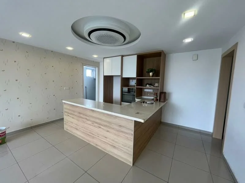 Kitchen features: island countertop with marble surface, wood cabinetry, built-in oven, stainless-steel appliances, recessed ceiling lights, ceiling-mounted ventilation system, cream painted walls, tile flooring, single-bowl stainless-steel sink; style: modern.