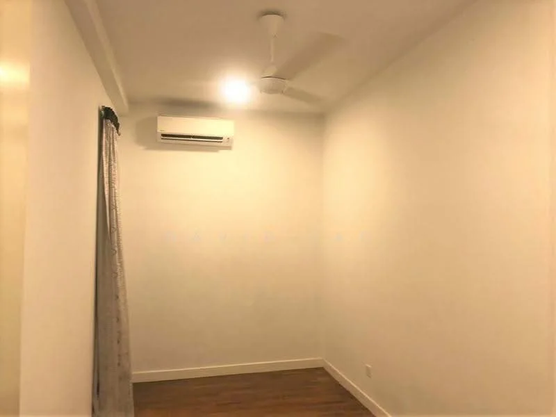 Room features: white painted walls, wooden flooring, ceiling fan, wall-mounted split AC, curtains, light fixture.