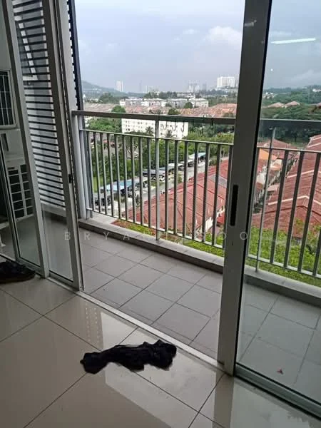 Room features: sliding glass door, floor-to-ceiling windows, white walls, grey tiled flooring, balcony view of city skyline, railings, shuttered windows, open layout; style: modern; view: city.