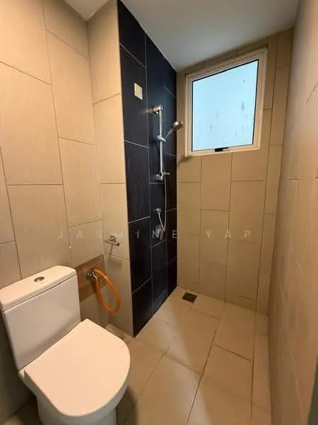 Bathroom features: one-piece toilet, walk-in shower with glass enclosure, chrome handheld shower, chrome rain shower head, tile cladding on walls, beige tile flooring, dark accent wall, window for natural light, shower drain; style: modern.