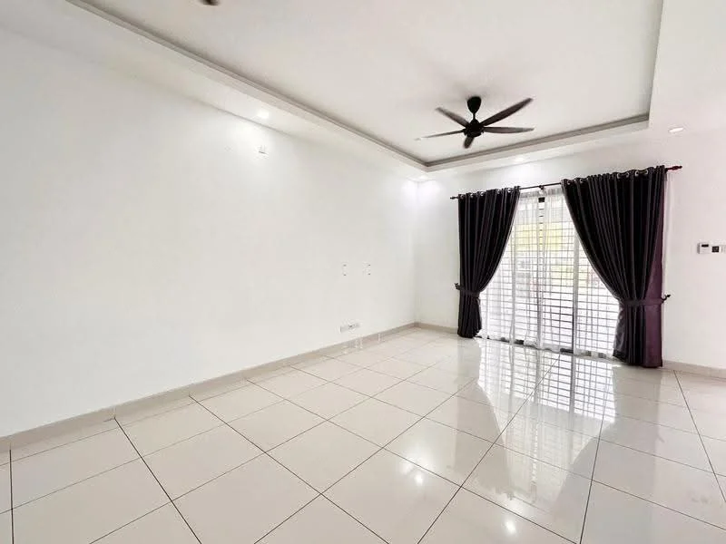 Living features: white painted walls, tray ceiling, polished ceramic tile flooring, 5-blade ceiling fan, floor-to-ceiling sliding glass door, blackout curtains, natural light from door, no visible furniture; style: modern.