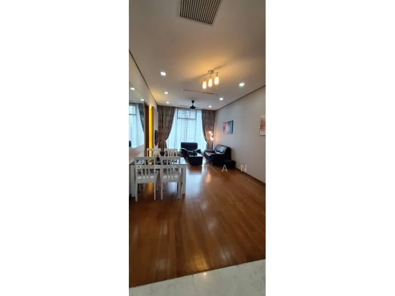 Living features: wooden flooring, recessed downlights, 5-blade ceiling fan, floor-to-ceiling windows, curtains, black leather sofa, white dining table, 4 dining chairs, decorative wall art, wall-mounted artwork, light-colored walls, open layout, natural light; style: modern.