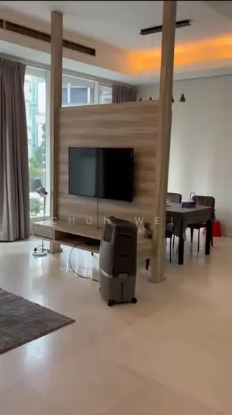 Living features: large floor-to-ceiling windows, grey curtains, wooden feature wall, wall-mounted TV, dining table with chairs, area rug, portable air conditioner, light ceiling fixtures, neutral painted walls, cream tiled flooring; style: modern; view: city.