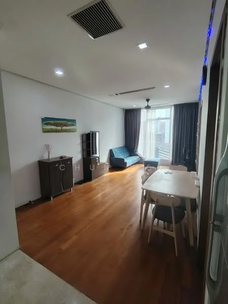 Living features: wooden flooring, white painted walls, recessed downlights, 5-blade ceiling fan, sofa in blue fabric, coffee table, TV console, floor-to-ceiling windows, sheer curtains, dining table with chairs, decorative artwork on wall; style: modern.