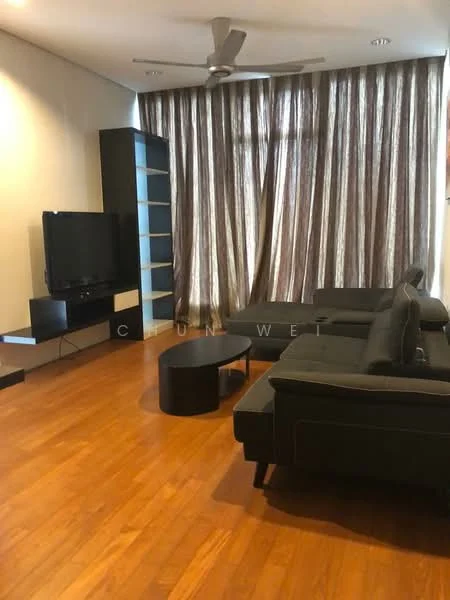 Living features: dark grey fabric sofa, black coffee table, black TV console, wall-mounted TV, wooden flooring, floor-to-ceiling windows, sheer curtains, recessed downlights, ceiling fan with light; style: modern.