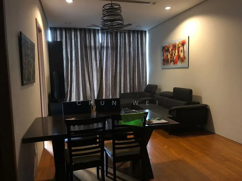 Living features: 3-seater fabric sofa in black, coffee table, wall-mounted TV, area rug, floor-to-ceiling windows with sheer curtains, recessed downlights, wooden flooring, decorative wall art; style: modern. Dining features: 6-seater dining table, black dining chairs, green decorative items on the table; style: modern.