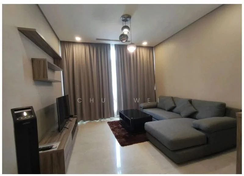 Living features: L-shape sectional sofa in grey, coffee table, wall-mounted TV, TV console, area rug, 5-blade ceiling fan with light, floor-to-ceiling windows, sheer curtains, cream painted walls, polished tile flooring; style: modern.