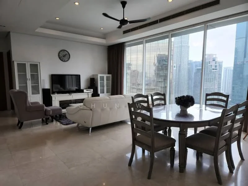 Living features: floor-to-ceiling windows, city view, 3-seater white leather sofa, 2-seater grey fabric armchair, round dining table with 6 chairs, TV console, wall-mounted TV, decorative wall clock, marble flooring, ceiling fan with light, light curtains, sideboard cabinet; style: modern.