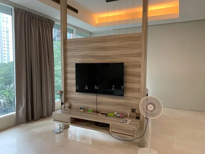 Living features: light-coloured stone flooring, wood feature wall, wall-mounted TV, TV console with storage, table lamp, ceiling fan, large windows with sheer curtains, recessed ceiling lighting; style: modern; view: garden.