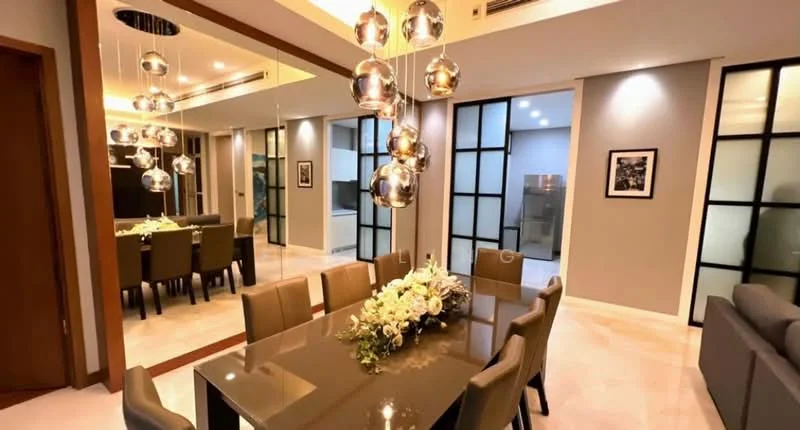 Dining features: 6-seater dining table, upholstered dining chairs, modern pendant lighting, mirrored wall, decorative flower arrangement, wooden flooring, recessed ceiling lights, glass sliding doors, framed artwork on wall; style: modern. Living features: fabric sofa, coffee table, wall-mounted TV, decorative wall, open layout, large windows, neutral color palette; style: modern.