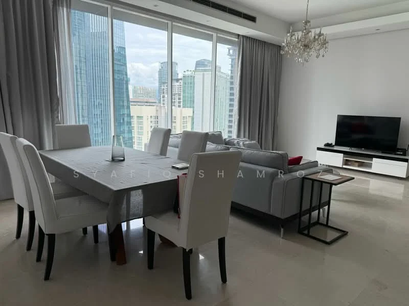 Living features: floor-to-ceiling windows, grey fabric sofa, white dining table, upholstered dining chairs, chandelier, wall-mounted TV, TV console, light-coloured walls, marble flooring, curtains, decorative wall art; style: modern; view: city.