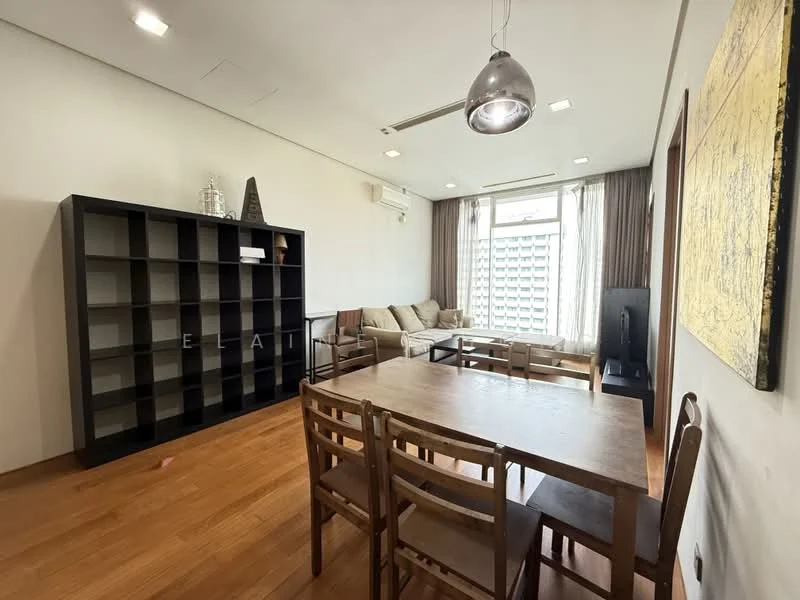 Living features: wooden flooring, cream painted walls, floor-to-ceiling windows, sheer curtains, 3-seater fabric sofa in beige, 2-seater fabric sofa in beige, wooden dining table, 6 wooden dining chairs, black bookshelf, decorative wall art, recessed downlights, wall-mounted air conditioning unit; style: modern; view: city.