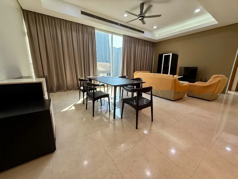 Living features: marble tile flooring, 5-blade ceiling fan with light, floor-to-ceiling windows, sheer curtains, sofa in beige, black TV console, wall-mounted TV, dining table for 4 with black chairs, decorative wall with brown paint, recessed downlights; style: modern; view: city.