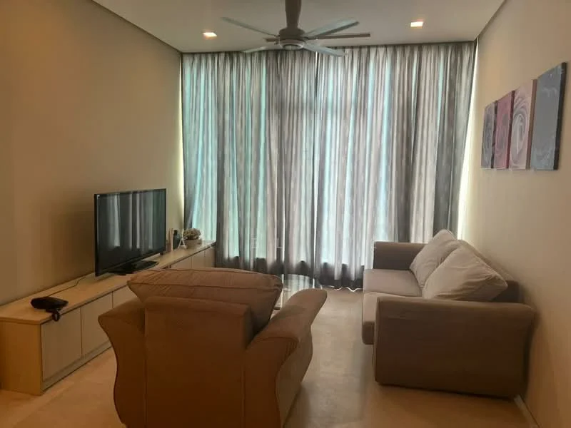 Living features: 3-seater fabric sofa in beige, 2-seater fabric sofa in light grey, coffee table, wall-mounted TV, TV console, ceiling fan, floor-to-ceiling windows with sheer curtains, light-coloured walls, neutral-toned flooring, decorative artwork on wall; style: modern.