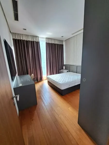 Bedroom features: queen-size bed, wooden flooring, floor-to-ceiling windows, dark curtains, light grey upholstered headboard, nightstand, wall-mounted TV, decorative wall paneling; style: modern; view: city.