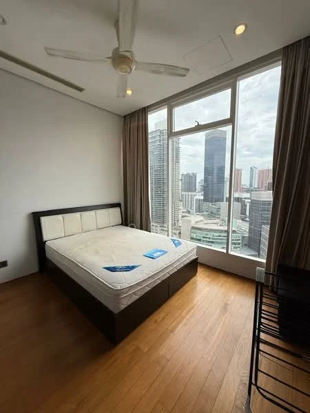 Bedroom features: king-size bed, upholstered headboard, floor-to-ceiling windows, city view, wooden flooring, ceiling fan, curtains, nightstand, decorative wall paneling; style: modern; view: city.