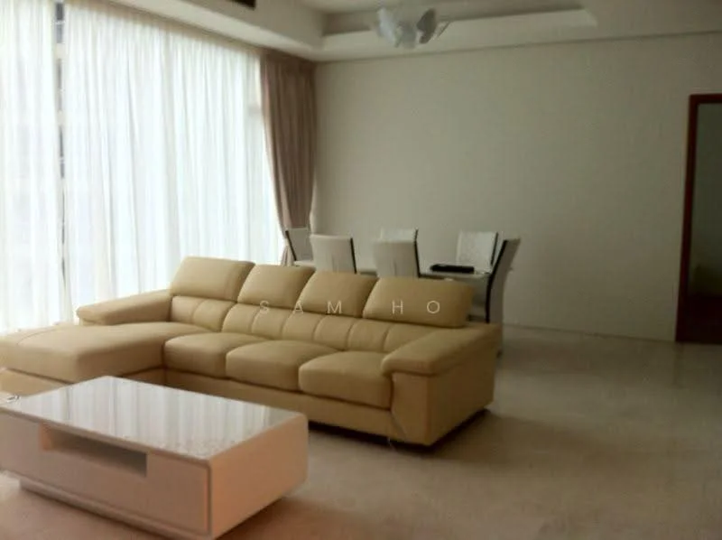 Living features: beige L-shape sectional sofa, white coffee table, floor-to-ceiling windows, sheer curtains, recessed ceiling with lighting, cream painted walls, marble flooring, dining area visible in background, dining table with chairs; style: modern.