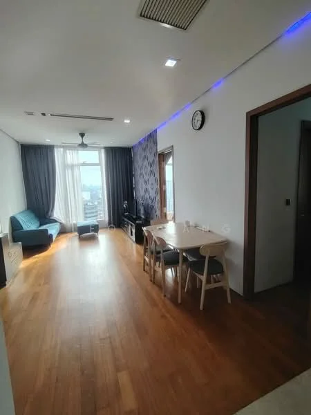 Living features: wooden flooring, grey accent wall, white painted walls, floor-to-ceiling windows, curtains, 3-seater fabric sofa in blue, coffee table, TV console, wall-mounted TV, ceiling fan, recessed LED downlights, decorative wall clock; style: modern; view: city.