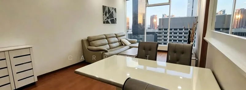 Living features: 3-seater fabric sofa in light grey, coffee table with white surface, floor-to-ceiling windows, city skyline view, wooden flooring, decorative wall art, sideboard with multiple drawers, natural light from windows; style: modern; view: city.
