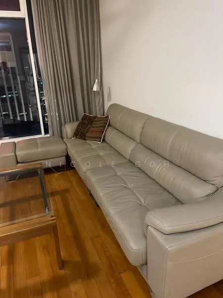 Living features: light grey leather sofa, glass coffee table, wooden flooring, floor-to-ceiling windows, curtains, decorative cushion, city view, wall-mounted light fixture; style: modern; view: city.