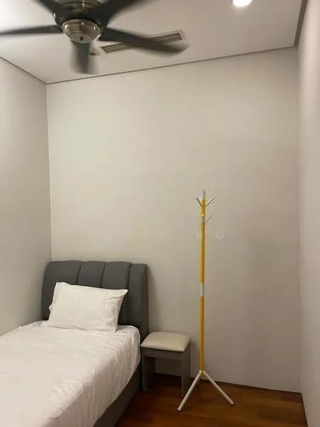 Bedroom features: single bed with white bedding, upholstered grey headboard, wooden bedside table, yellow coat rack, ceiling fan, white painted walls, wood flooring, recessed ceiling lights; style: modern.