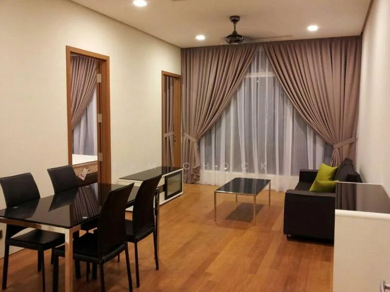 Living features: dark wood flooring, white painted walls, recessed downlights, 5-blade ceiling fan, floor-to-ceiling windows with sheer curtains, black glass coffee table, black dining table with 6 chairs, black sofa, green accent cushion, curtains with a neutral tone; style: modern.