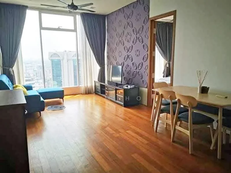 Living features: blue fabric sofa, wooden coffee table, TV console, wall-mounted TV, wooden flooring, floor-to-ceiling windows, curtains, ceiling fan, decorative wall with circular pattern, area rug, dining table with four chairs; style: modern; view: city.