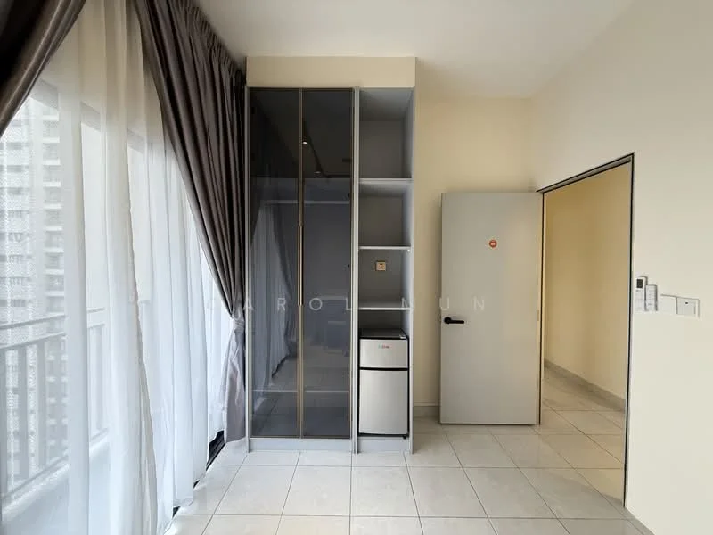 Room features: floor-to-ceiling windows, grey shelving unit, white refrigerator, cream walls, tile flooring, curtains, door to another room, light fixtures; style: modern.
