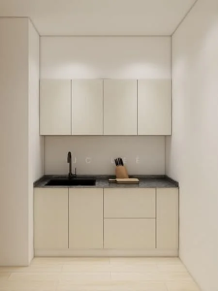 Kitchen features: light beige cabinetry, black granite countertop, single-bowl stainless-steel sink, chrome pull-down faucet, wooden cutting board, knife block, minimalist design, wall-mounted cabinets, light-colored walls, laminate flooring; style: modern.