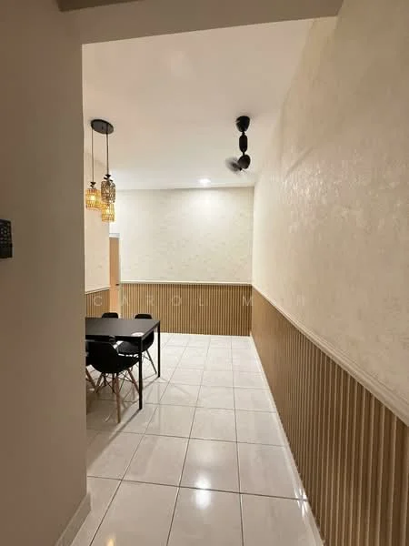 Dining features: white painted walls, wood paneling, glossy white tile flooring, 5-blade ceiling fan, 3 pendant lights, dining table with black surface, 4 wooden dining chairs, recessed lighting, neutral color scheme; style: modern.