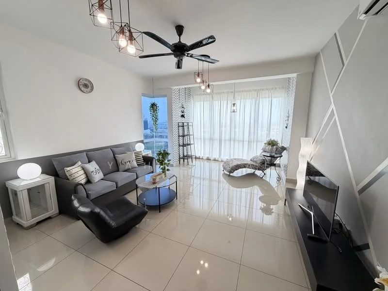Living features: 3-seater grey fabric sofa, black leather armchair, round glass coffee table, wall-mounted TV, white side table, decorative houseplants, floor-to-ceiling windows, sheer curtains, recessed downlights, 5-blade ceiling fan with light, glossy tiled flooring, decorative wall with geometric pattern; style: modern; view: city.
