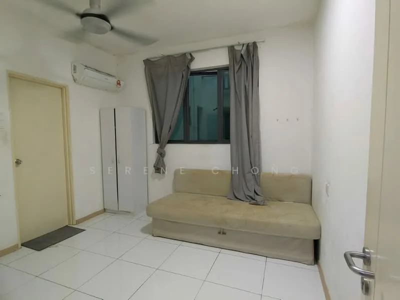 Living features: white painted walls, tile flooring, 5-blade ceiling fan, floor-to-ceiling window, grey curtains, beige fabric sofa, air conditioning unit, white cabinet, door to hallway.
