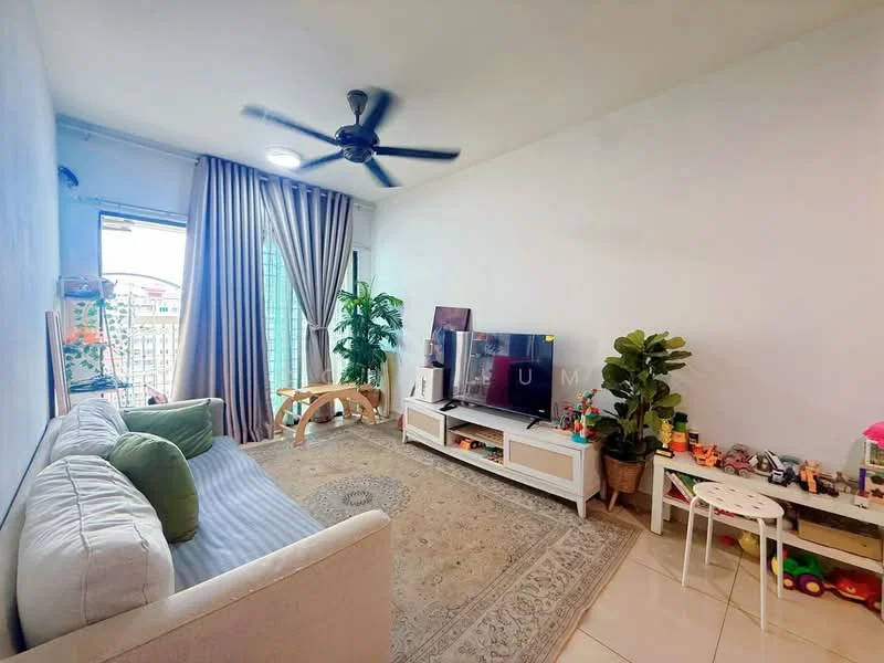 Living features: 3-seater fabric sofa in light grey, green decorative cushions, area rug with geometric pattern, wall-mounted TV, TV console in white, ceiling fan with light, floor-to-ceiling windows, curtains in light grey, indoor plants, decorative toys on shelf, wooden coffee table, decorative wall art; style: modern; view: city.