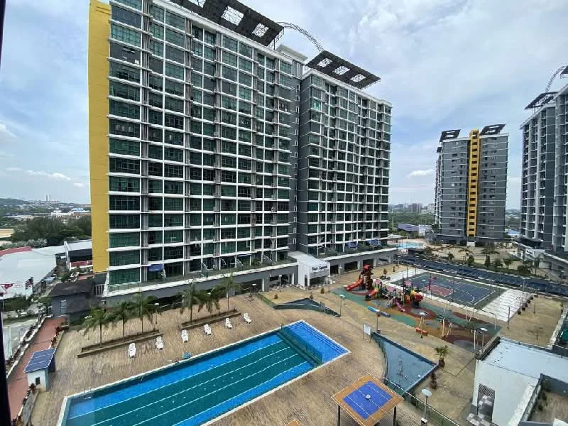 Exterior type: high-rise condominium; features: multiple high-rise buildings, infinity pool, lap pool, children's playground, tennis court, basketball court, manicured landscaping, outdoor seating area, wooden deck, surrounding greenery, city skyline in background; style: modern.