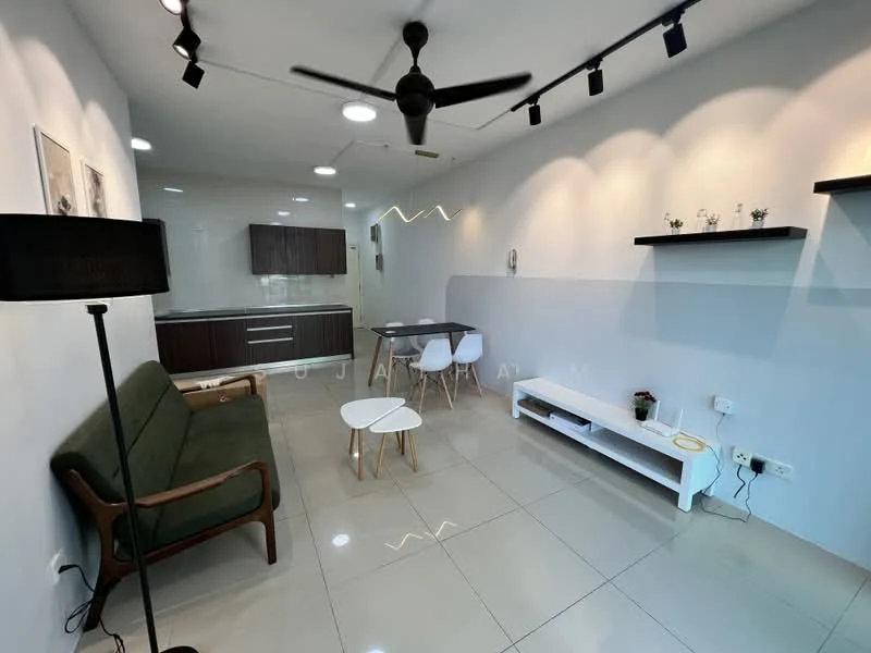 Living features: 3-seater fabric sofa in green, white coffee table, 2 white side tables, wall-mounted TV console, flat-screen TV, ceiling fan, recessed LED downlights, white tiled flooring, decorative wall with light fixtures, dining table with 4 chairs, kitchenette area with dark wood cabinetry, open layout; style: modern.