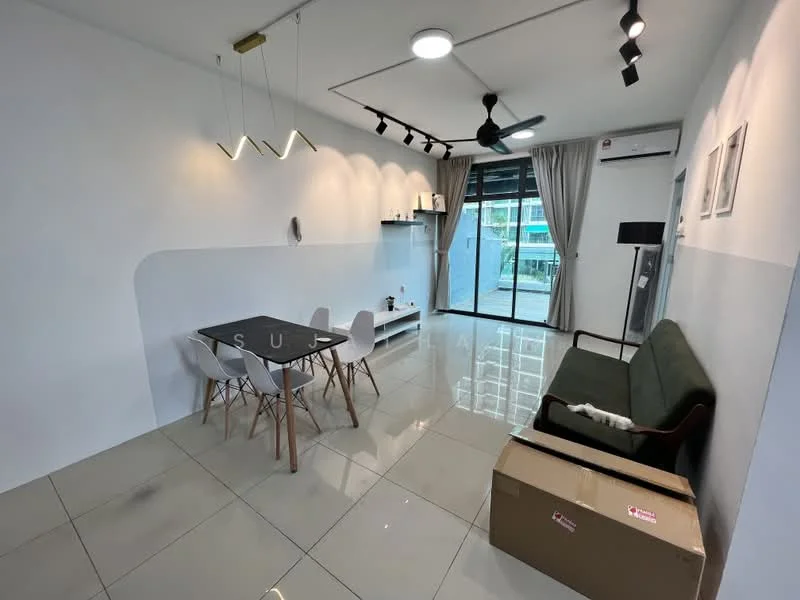 Living features: white painted walls, glossy tile flooring, 5-blade ceiling fan with light, recessed LED downlights, sofa in dark green fabric, 4-seater dining table in black with white chairs, floor-to-ceiling windows, curtains, TV console, decorative wall shelving; style: modern; view: city.