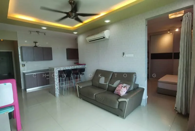 Living features: 3-seater leather sofa in brown, ceiling fan with light, wall-mounted air conditioning unit, recessed LED downlights, tile flooring, decorative wall paneling, open layout to kitchen, area rug, coffee table, wall-mounted TV, decorative cushion, curtain for privacy; style: modern. Kitchen features: kitchen island with bar stools, stainless-steel sink, built-in cabinetry, ceramic tile backsplash, recessed lighting, open shelving, stainless-steel appliances; style: modern. Room features: bed with bedding, curtain for privacy, wall-mounted light fixture.
