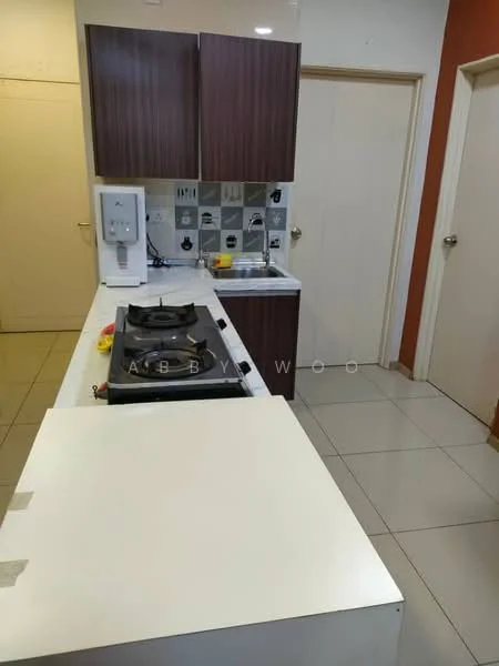 Kitchen features: white laminate countertop, brown wooden cabinetry, stainless-steel single-bowl sink, chrome pull-down faucet, built-in gas hob, white tiled backsplash, ceramic tile flooring, wall-mounted water dispenser, two-panel white doors, neutral wall color; style: modern.