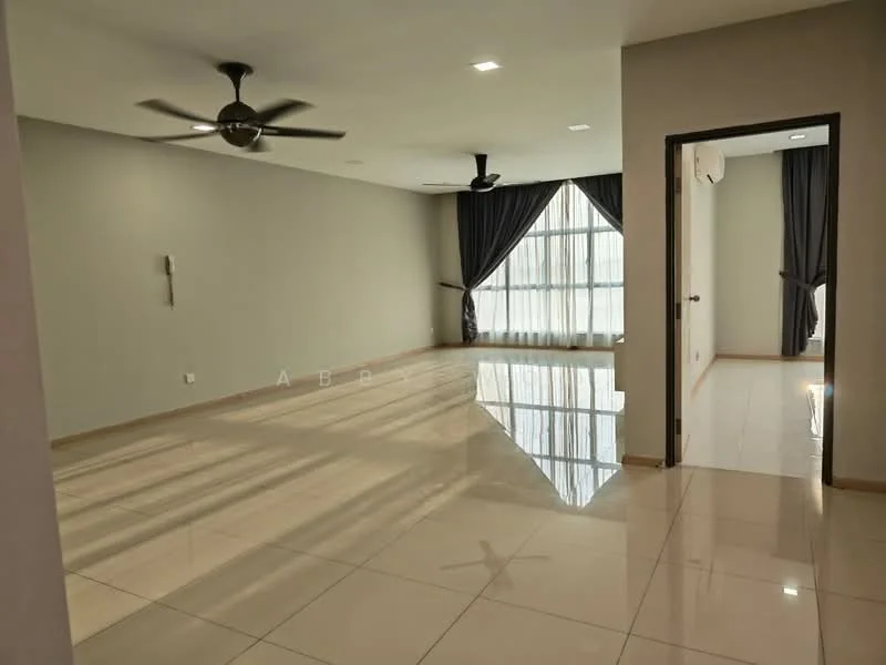 Living features: large floor-to-ceiling windows, grey painted walls, polished ceramic tile flooring, 5-blade ceiling fan, recessed LED downlights, dark curtains, open layout, no visible furniture; style: modern.