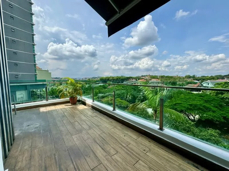 Room features: wooden flooring, glass railing, outdoor space, city view, greenery view, sunny, potted plant, overhead awning; style: modern; view: garden.