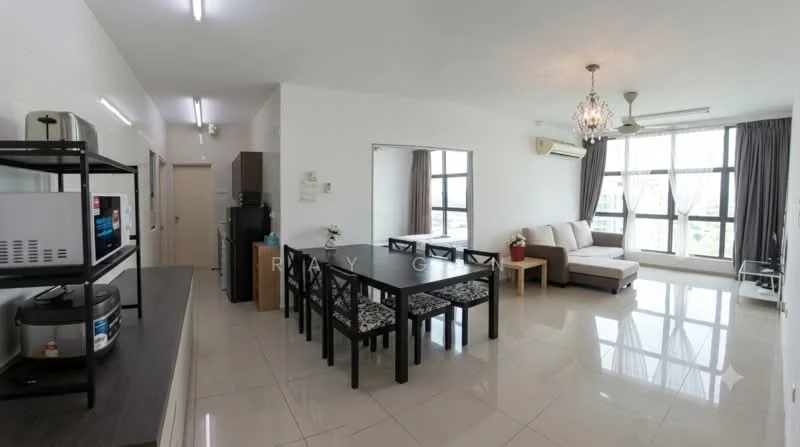 Living features: 3-seater fabric sofa in beige, coffee table, dining table for 6 with black chairs, floor-to-ceiling windows, curtains in grey, chandelier, recessed downlights, polished tile flooring, air conditioning unit, wall-mounted TV, decorative mirror; style: modern; view: city. Kitchen features: stainless-steel microwave, stainless-steel fridge, kitchen cabinetry, countertop with storage, sink, stainless-steel appliances; style: modern.