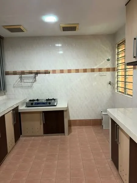 Kitchen features: white tiled walls, beige tiled backsplash, light brown cabinetry, dark brown lower cabinets, white countertop, gas stove with two burners, stainless-steel sink, window with metal grille, tile flooring in light peach, hanging storage rack, ceiling lights, exhaust fan; style: modern.