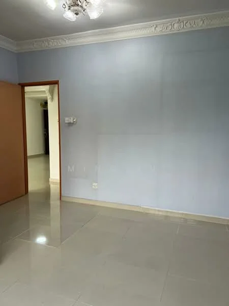 Room features: light blue painted walls, glossy ceramic tile flooring, crown moulding, single door, chandelier, recessed lighting; style: modern.