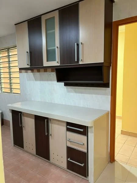 Kitchen features: laminate cabinetry in dark brown and light beige, white countertop, stainless-steel sink, chrome faucet, wall-mounted storage shelf, tile backsplash, window with horizontal slats, ceramic tile flooring, light fixture, open space leading to another room; style: modern.