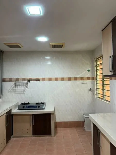 Kitchen features: white tiled walls, cream tiled backsplash, light brown accent tiles, laminate cabinetry in dark brown and cream, white countertop, built-in gas stove, single-bowl stainless-steel sink, window with metal grille, recessed ceiling lights, exhaust fan, tile flooring in light peach, open shelving; style: modern.