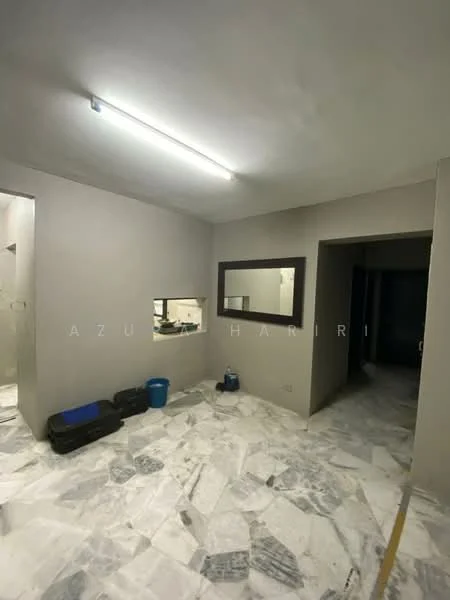 Room features: marble flooring, grey painted walls, recessed lighting, large mirror, window opening to kitchen, blue plastic bucket, black storage boxes, dark doorway leading to another room; style: modern.