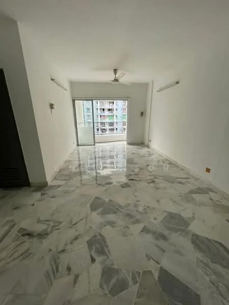 Room features: white painted walls, marble flooring, 5-blade ceiling fan, sliding glass door, floor-to-ceiling windows, natural light, neutral color palette, open layout; style: modern; view: city.