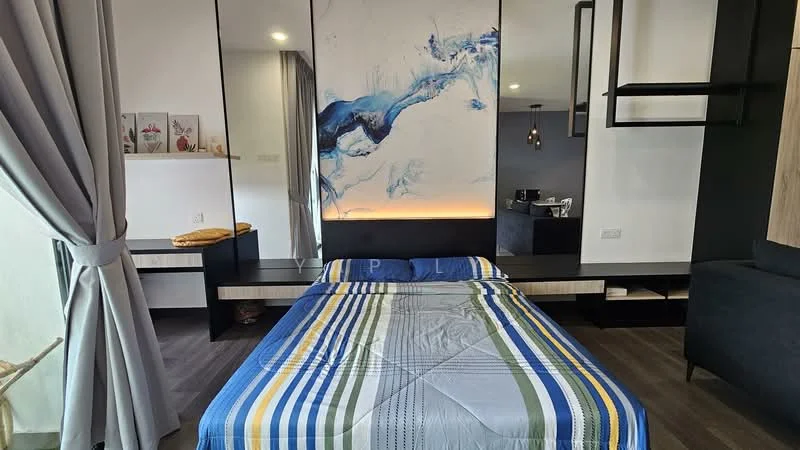 Bedroom features: queen-size bed with blue and striped bedding, wooden headboard, built-in wall shelves, black cabinetry, decorative wall art with blue and white design, recessed lighting, grey curtains, laminate flooring, small bedside table, open closet space; style: modern.